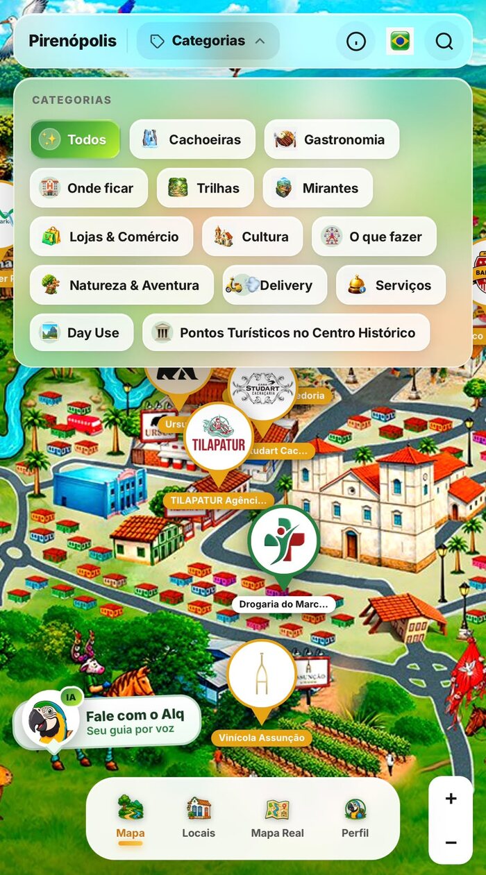 Print do ALQMAP com o menu de categorias do mapa de Pirenópolis