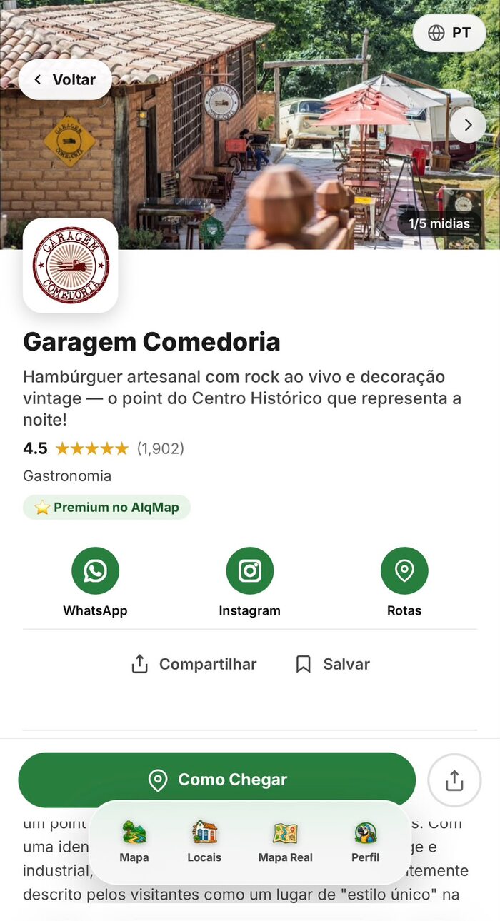 Print do ALQMAP mostrando o perfil do local Garagem Comedoria em Pirenópolis