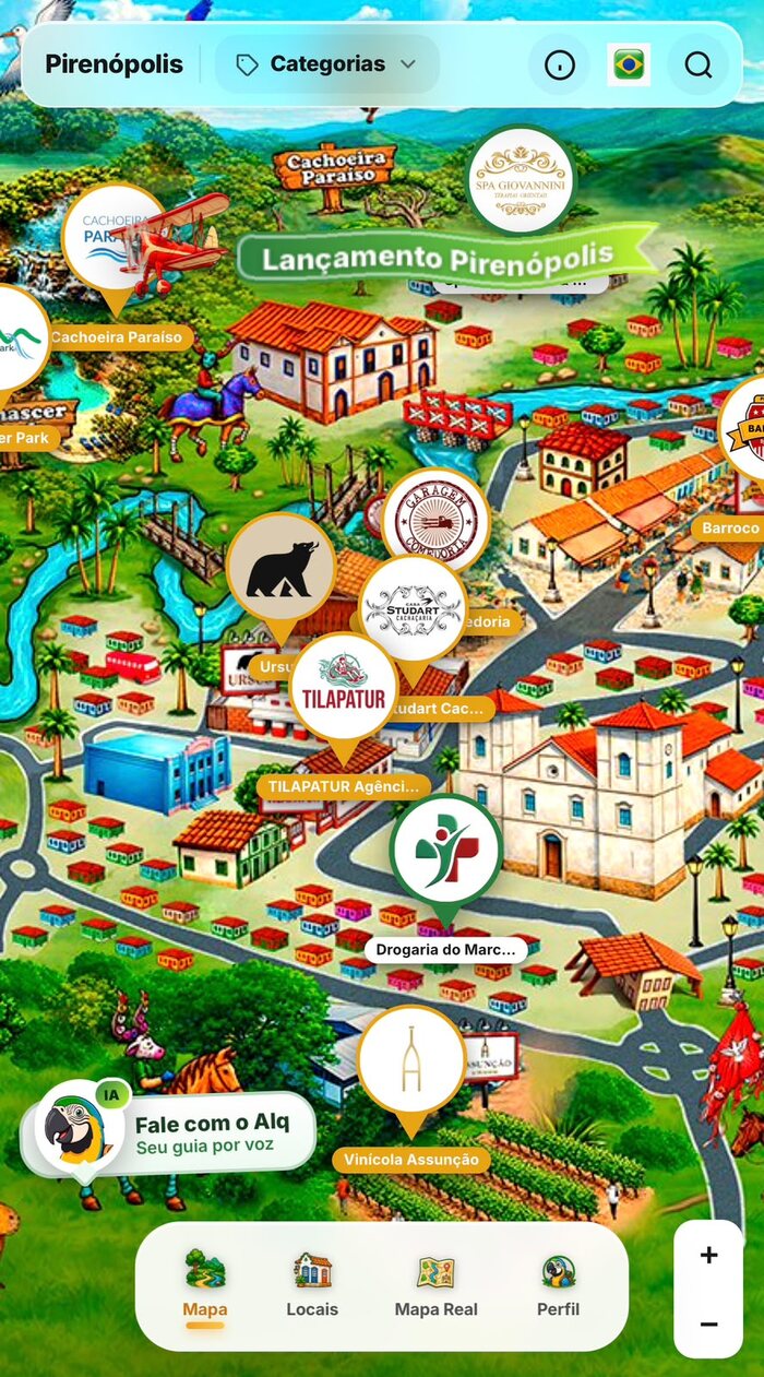 Print do mapa interativo do ALQMAP com pontos de Pirenópolis