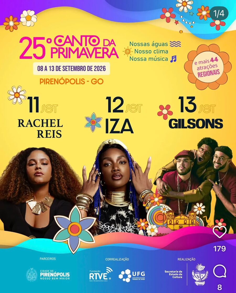 Arte oficial do 25º Canto da Primavera 2026, com as atrações Rachel Reis, IZA e Gilsons