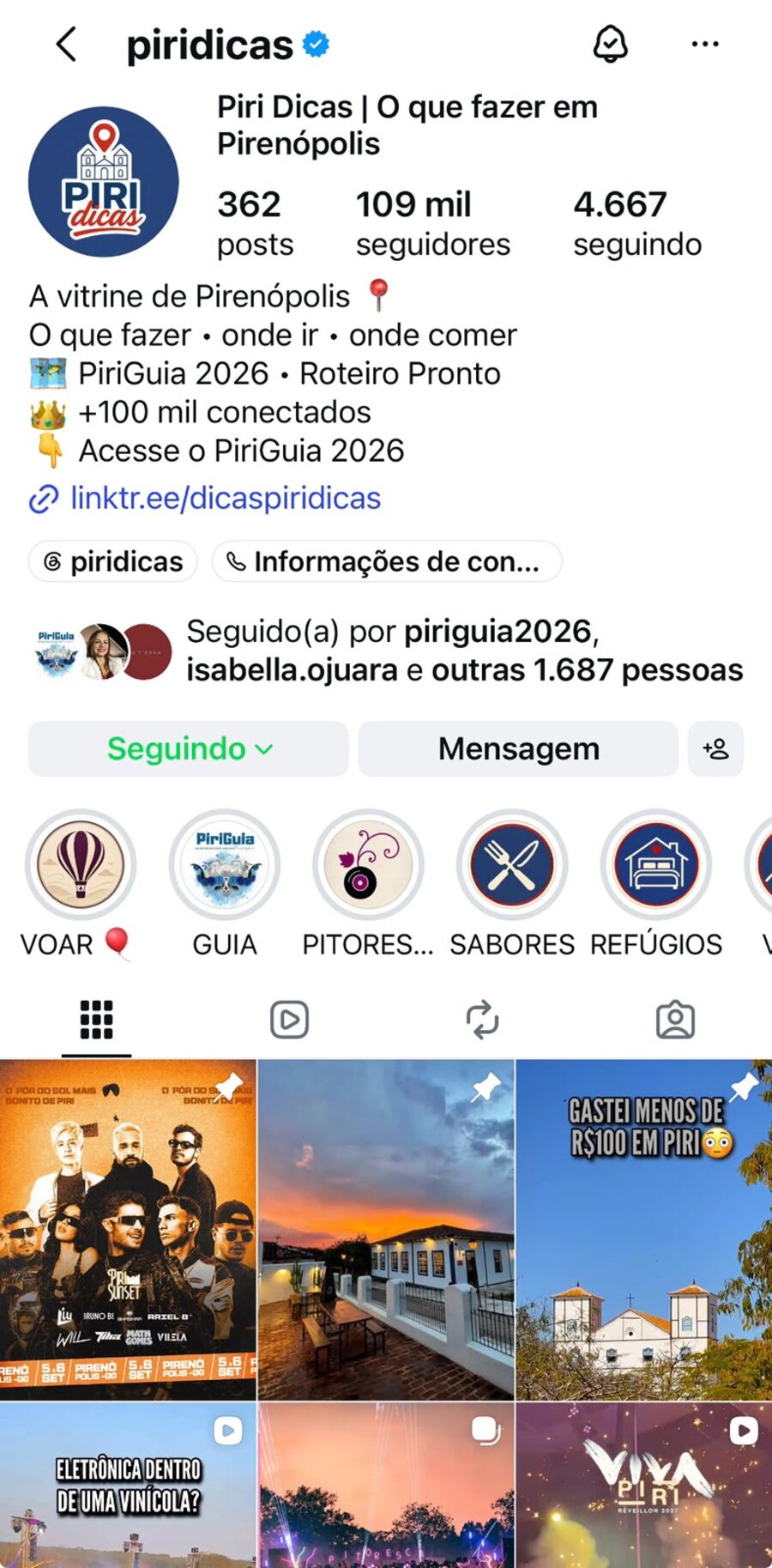 Perfil do Piri Dicas no Instagram, com seguidores e publicações sobre Pirenópolis