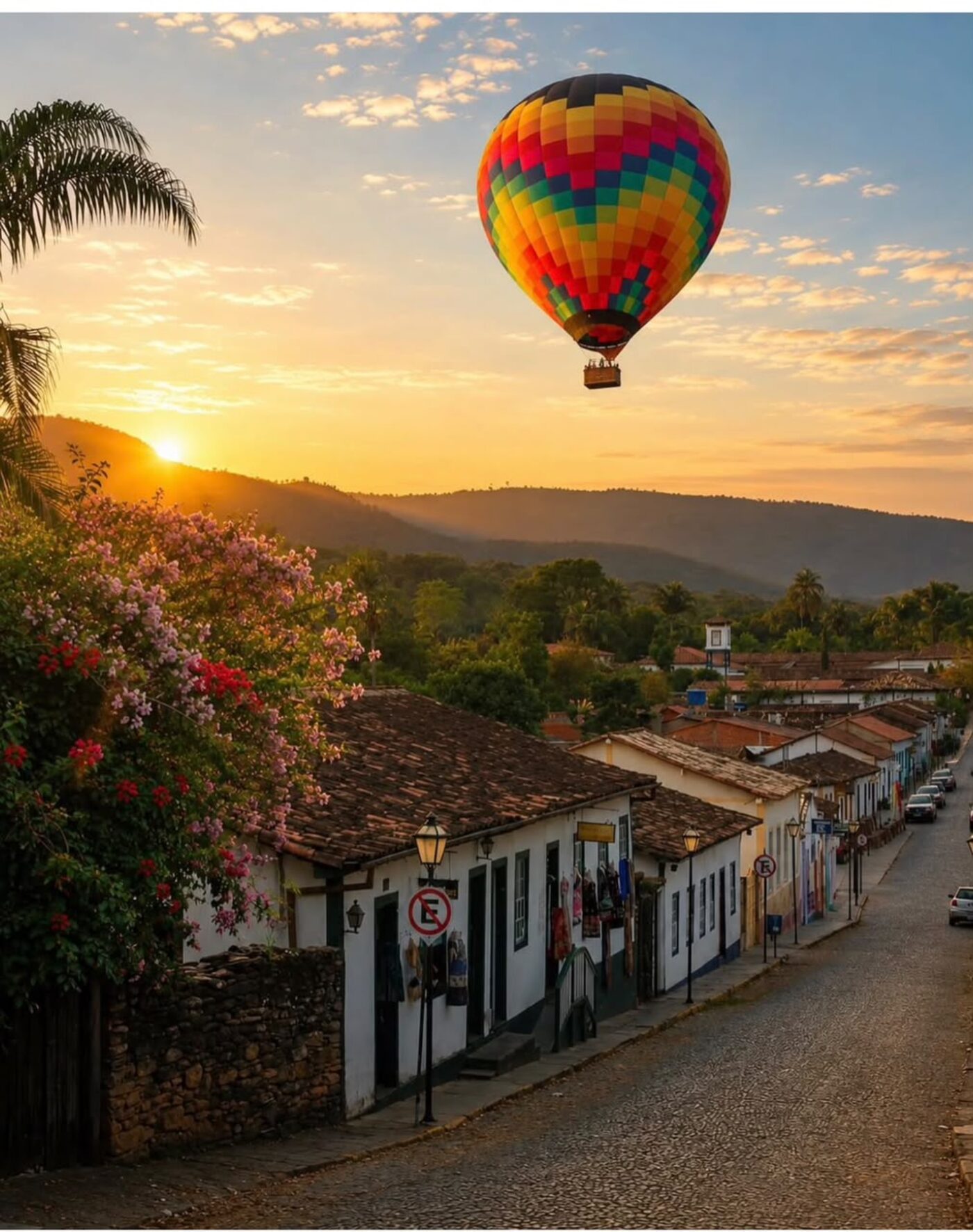 Balão de ar quente colorido sobrevoando as casas coloniais de Pirenópolis